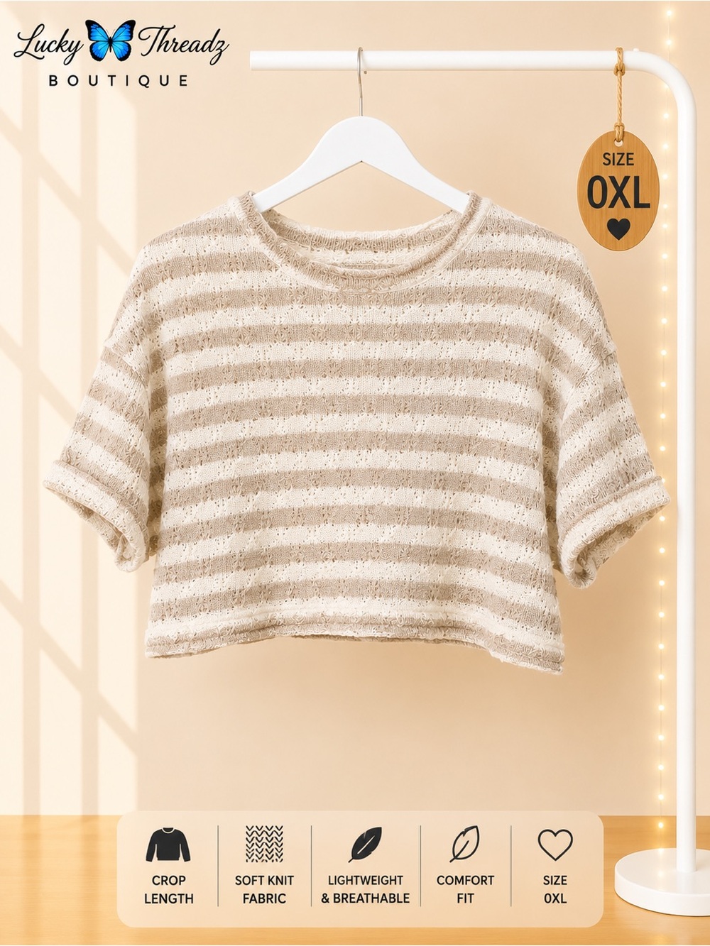 Oatmeal Cream Open Knit Crop Top 0XL Crew Neck - SHEIN Curve